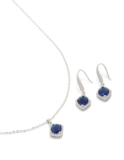 Silver Sapphire Cubic Zirconia Square Cushion Earrings & Necklace Set