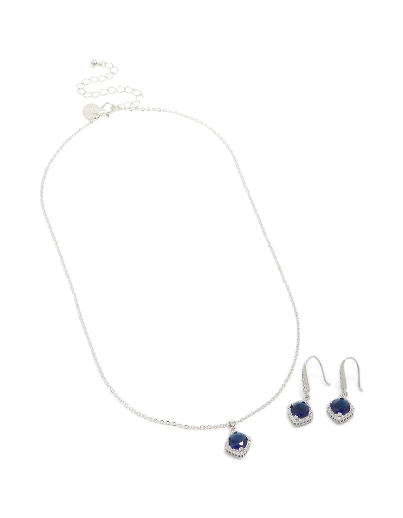 Silver Sapphire Cubic Zirconia Square Cushion Earrings & Necklace Set