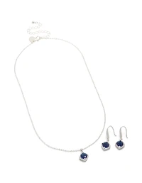 Silver Sapphire Cubic Zirconia Square Cushion Earrings & Necklace Set