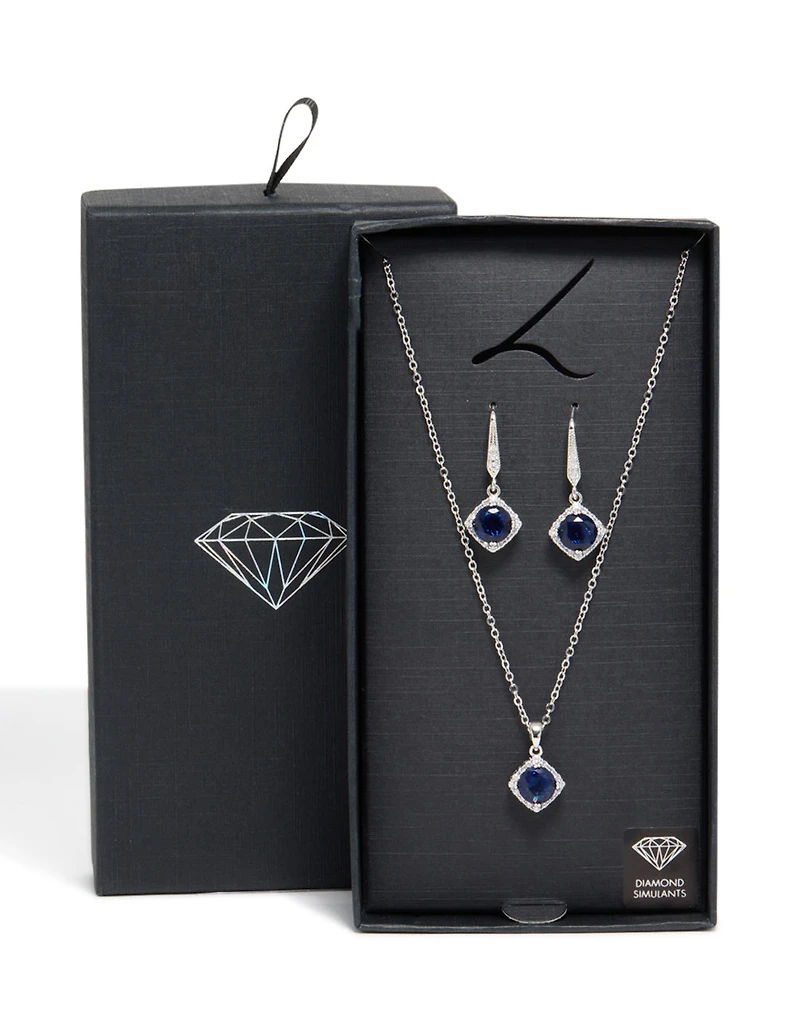 Silver Sapphire Cubic Zirconia Square Cushion Earrings & Necklace Set