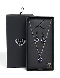 Silver Sapphire Cubic Zirconia Square Cushion Earrings & Necklace Set