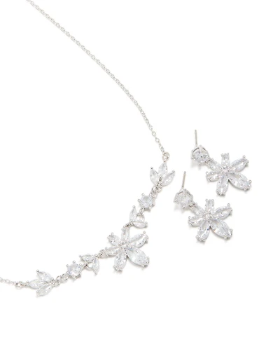 Silver Cubic Zirconia Lovely Floral Necklace & Earrings Set