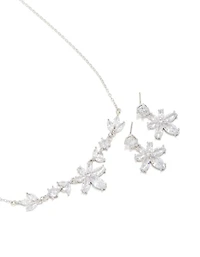 Silver Cubic Zirconia Lovely Floral Necklace & Earrings Set
