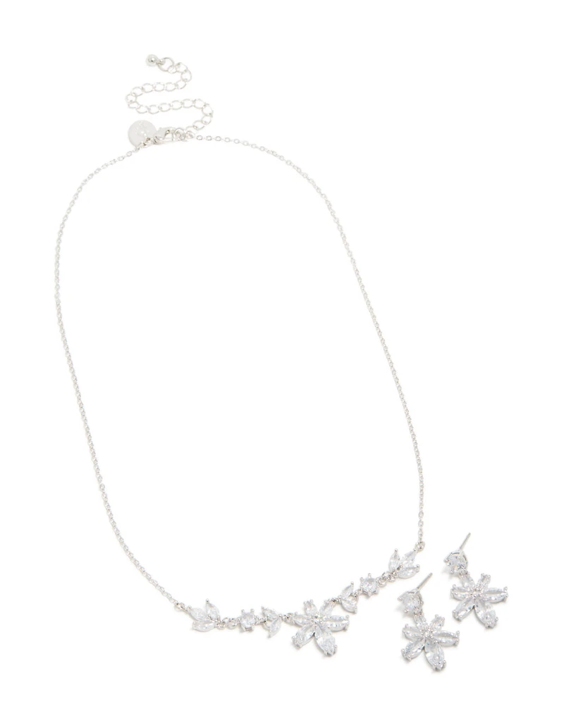 Silver Cubic Zirconia Lovely Floral Necklace & Earrings Set