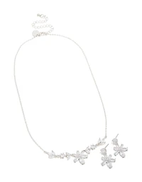 Silver Cubic Zirconia Lovely Floral Necklace & Earrings Set