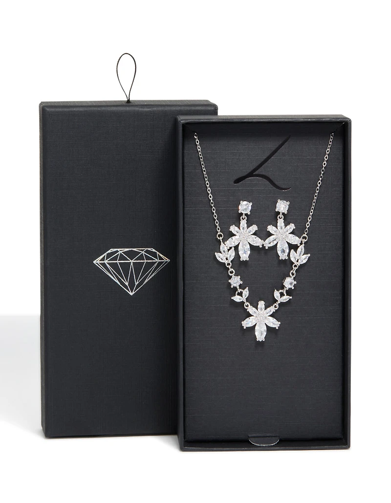 Silver Cubic Zirconia Lovely Floral Necklace & Earrings Set