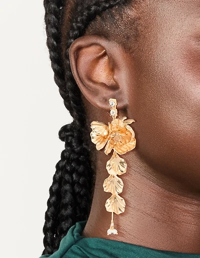 Boucles d’oreilles longues florales dorées