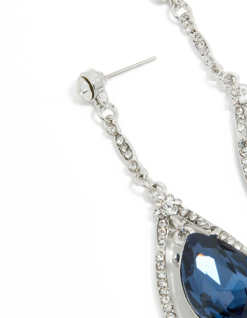 Silver Blue Diamante Pear Glitzy Drop Earrings