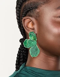 Emerald Green Coated Metal Half Flower Petal Drop Earrings