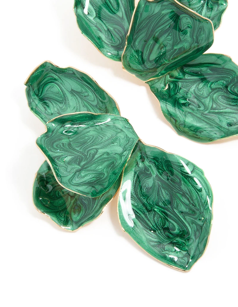 Emerald Green Coated Metal Half Flower Petal Drop Earrings
