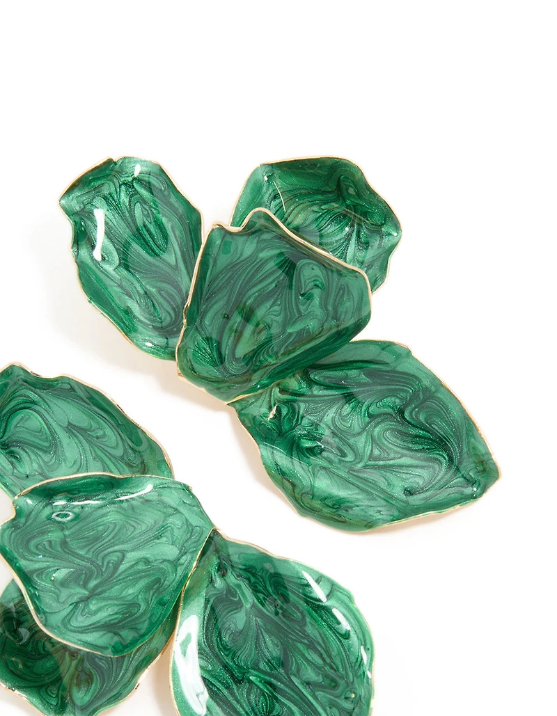 Emerald Green Coated Metal Half Flower Petal Drop Earrings