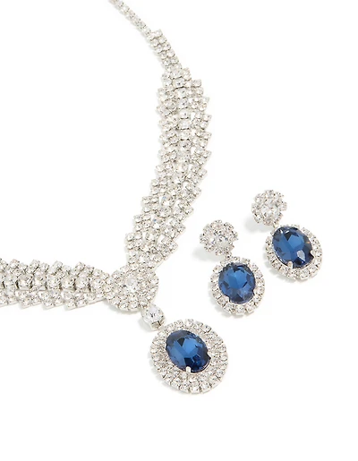 Silver Blue Diamante V-Shaped Pendant Necklace & Earrings Set