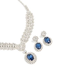 Silver Blue Diamante V-Shaped Pendant Necklace & Earrings Set