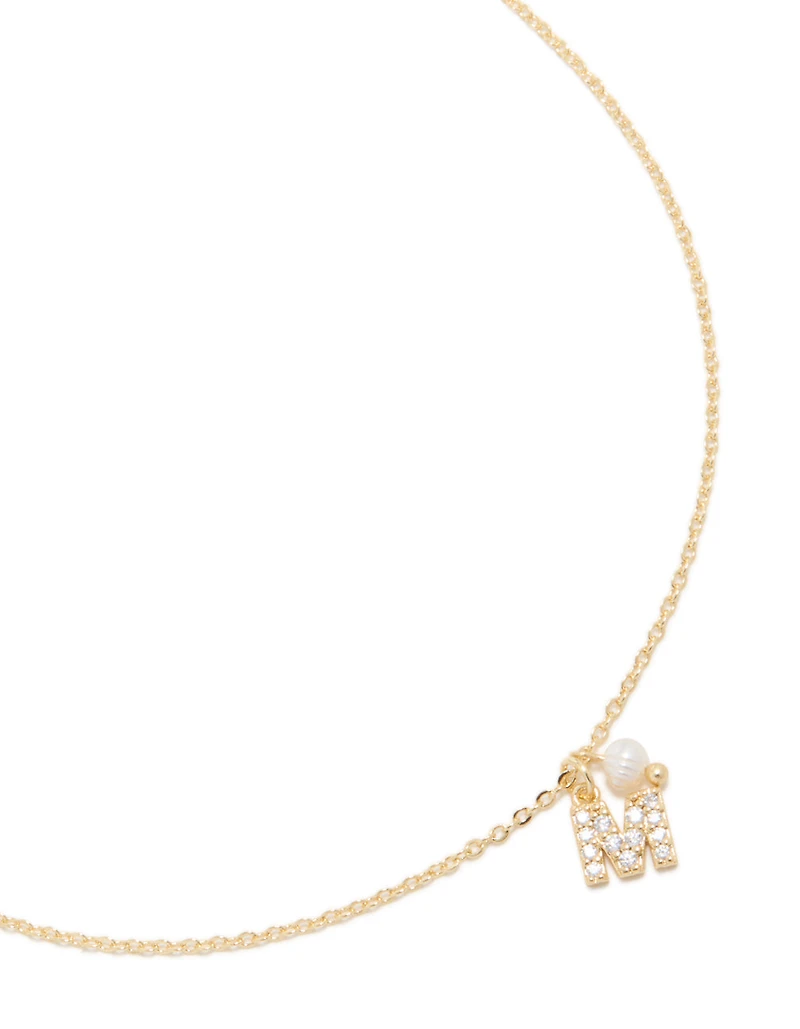 Gold Plated Cubic Zirconia & Pearl Letter M Necklace