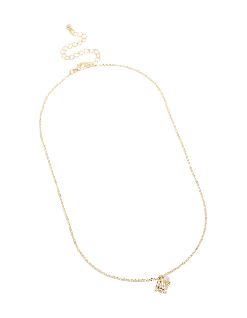 Gold Plated Cubic Zirconia & Pearl Letter M Necklace