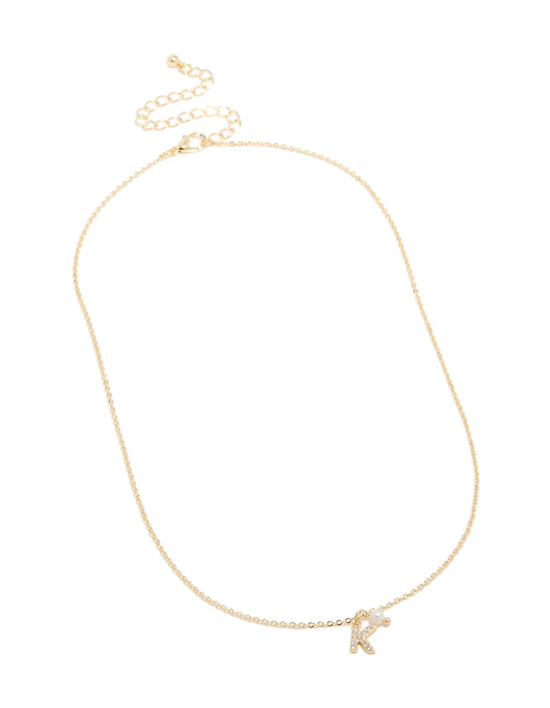Gold Plated Cubic Zirconia & Pearl Letter K Necklace