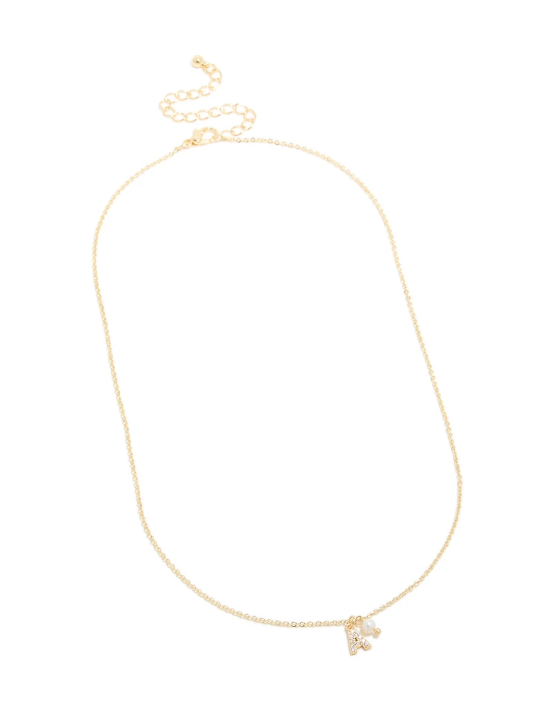 Gold Plated Cubic Zirconia & Pearl Letter A Necklace
