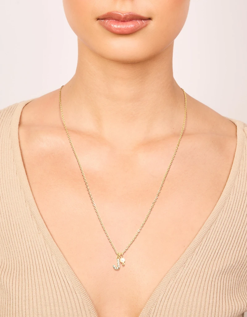 Gold Plated Cubic Zirconia & Pearl Letter J Necklace