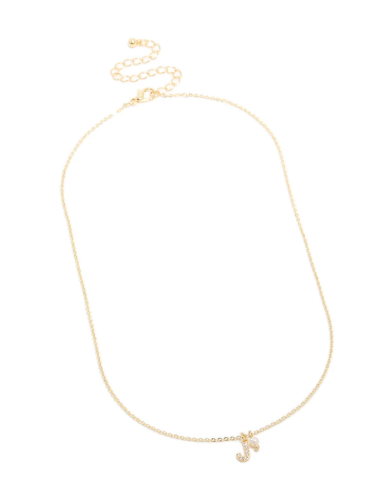 Gold Plated Cubic Zirconia & Pearl Letter J Necklace