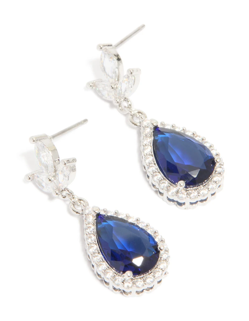 Silver Sapphire Blue Cubic Zirconia Pear Shaped Drop Earrings