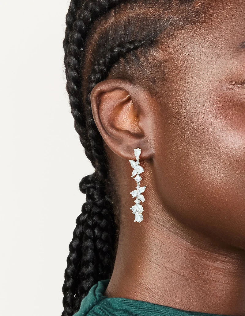 Silver Cubic Zirconia Dainty Floral Drop Earrings