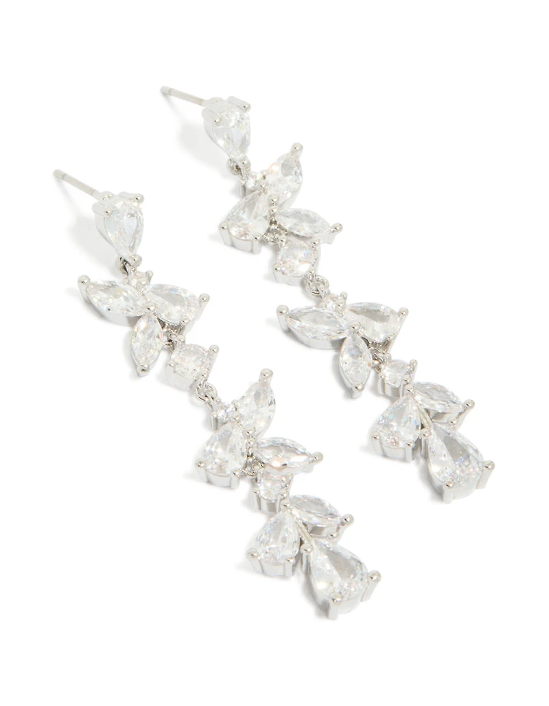 Silver Cubic Zirconia Dainty Floral Drop Earrings