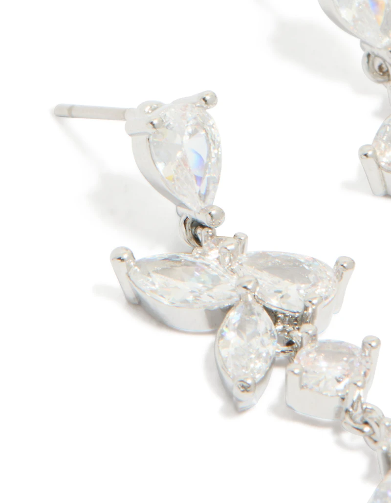 Silver Cubic Zirconia Dainty Floral Drop Earrings