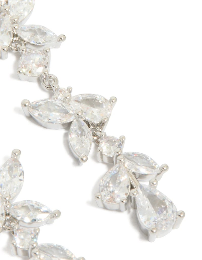 Silver Cubic Zirconia Dainty Floral Drop Earrings