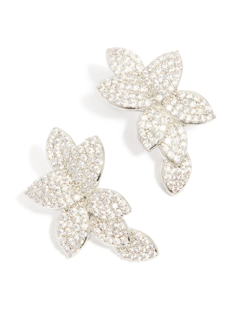 Silver Cubic Zirconia Pave Flower Stud Earrings