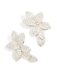 Silver Cubic Zirconia Pave Flower Stud Earrings
