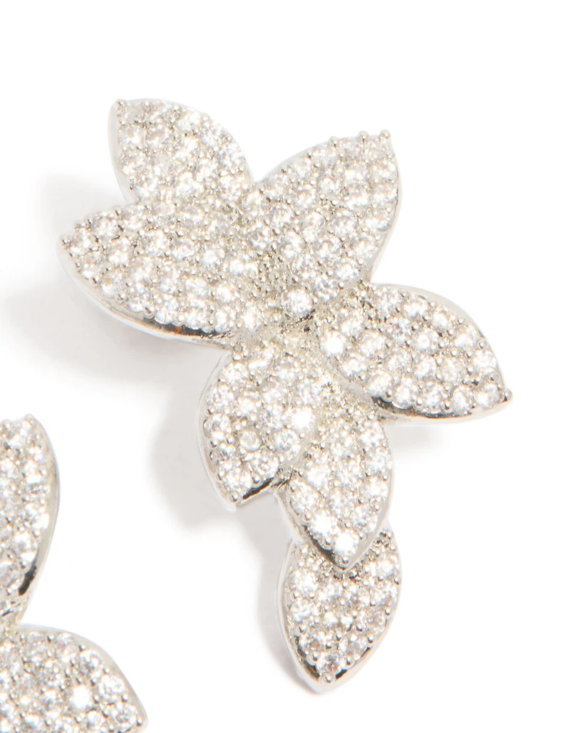 Silver Cubic Zirconia Pave Flower Stud Earrings