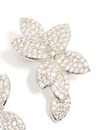 Silver Cubic Zirconia Pave Flower Stud Earrings
