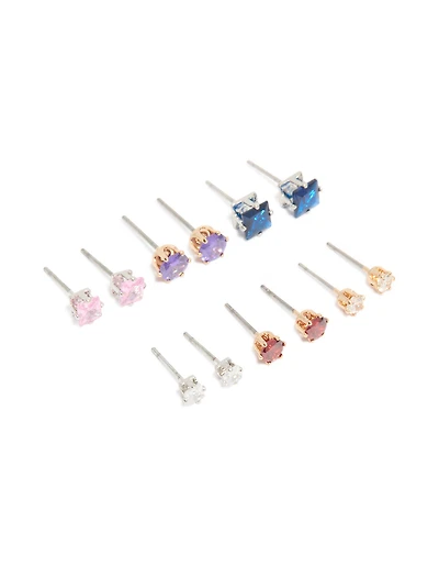 Silver Multicoloured Cubic Zirconia Classic Stud Earrings 6-Pack