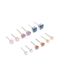 Silver Multicoloured Cubic Zirconia Classic Stud Earrings 6-Pack