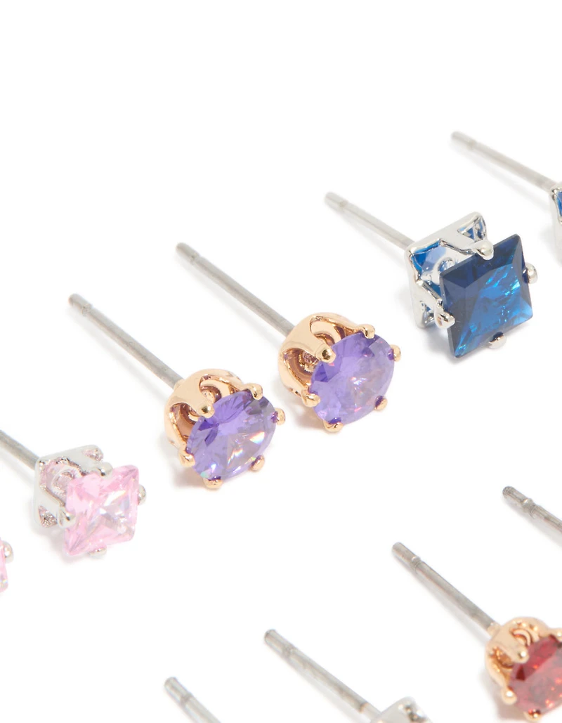 Silver Multicoloured Cubic Zirconia Classic Stud Earrings 6-Pack