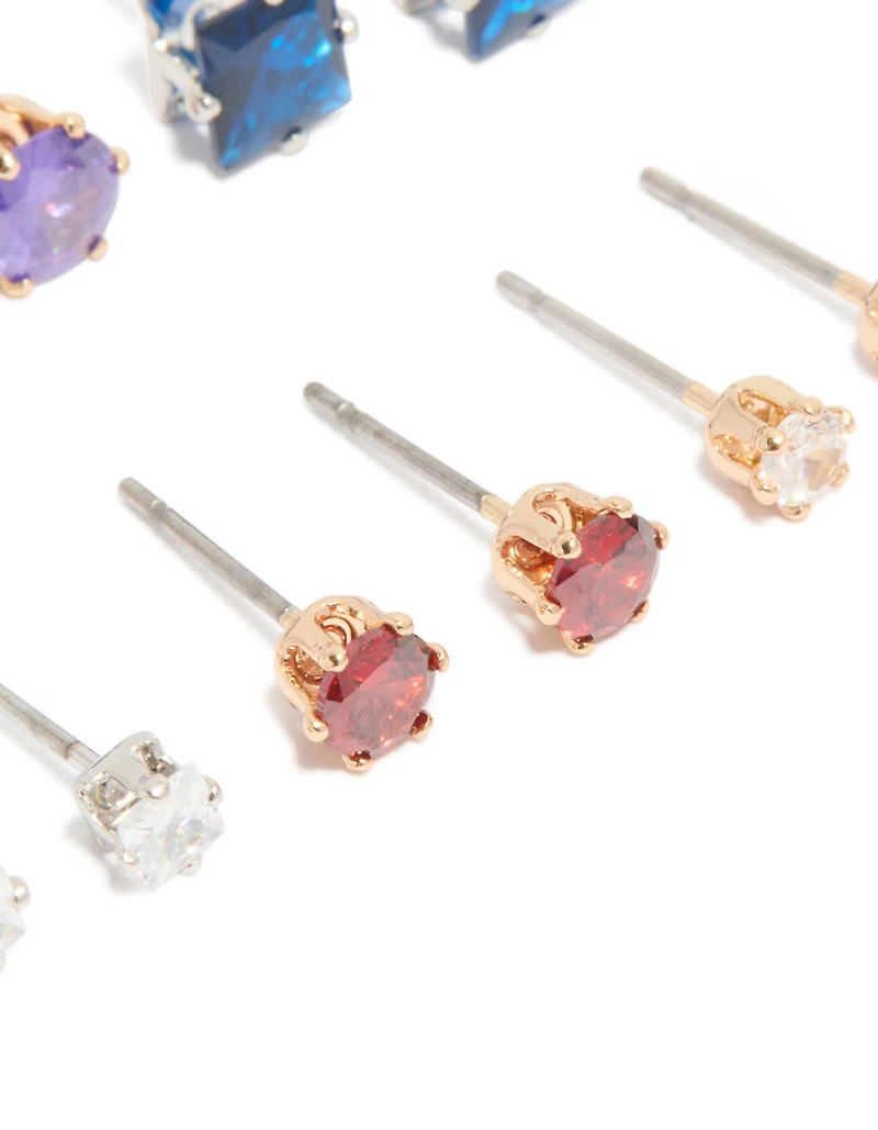 Silver Multicoloured Cubic Zirconia Classic Stud Earrings 6-Pack