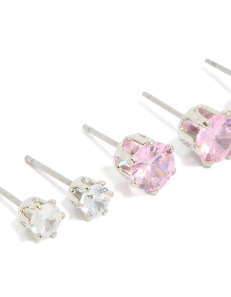 Silver Multicoloured Cubic Zirconia Stud Earrings 3 Pack
