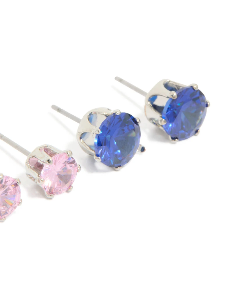 Silver Multicoloured Cubic Zirconia Stud Earrings 3 Pack