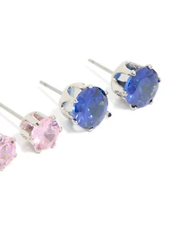 Silver Multicoloured Cubic Zirconia Stud Earrings 3 Pack