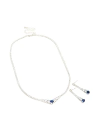 Silver Sapphire Blue Cubic Zirconia Graduating Pointed Earrings & Necklace Set
