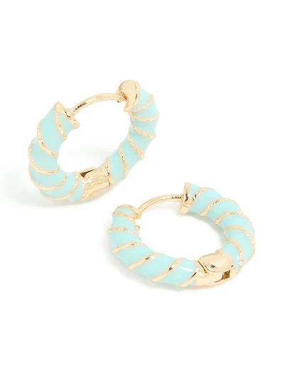 Gold Teal Enamel Small Twisted Hoop Earrings