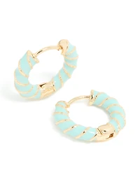 Gold Teal Enamel Small Twisted Hoop Earrings