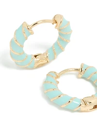 Gold Teal Enamel Small Twisted Hoop Earrings