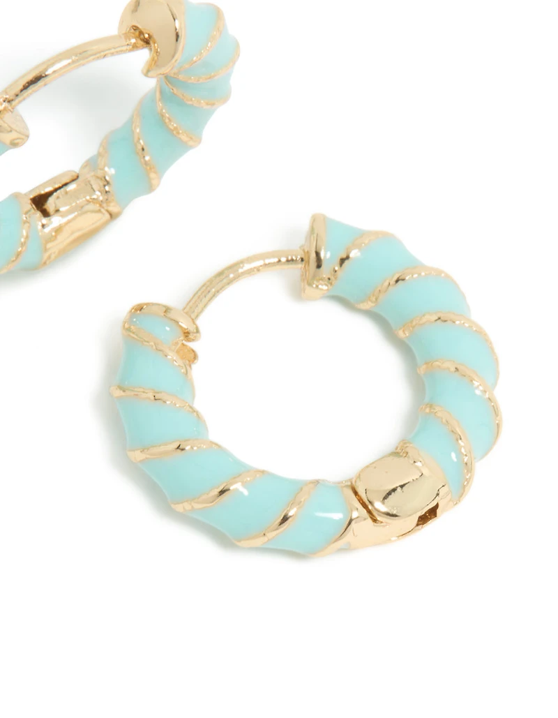 Gold Teal Enamel Small Twisted Hoop Earrings