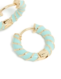 Gold Teal Enamel Small Twisted Hoop Earrings