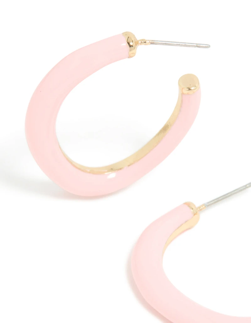 Gold Pink Enamel Irregular Hoop Earrings