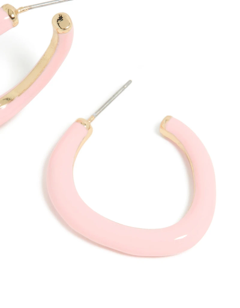Gold Pink Enamel Irregular Hoop Earrings