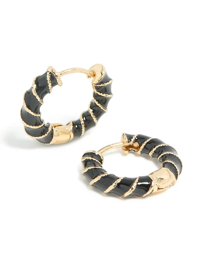 Gold Black Enamel Small Twisted Hoop Earrings
