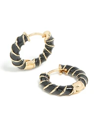 Gold Black Enamel Small Twisted Hoop Earrings