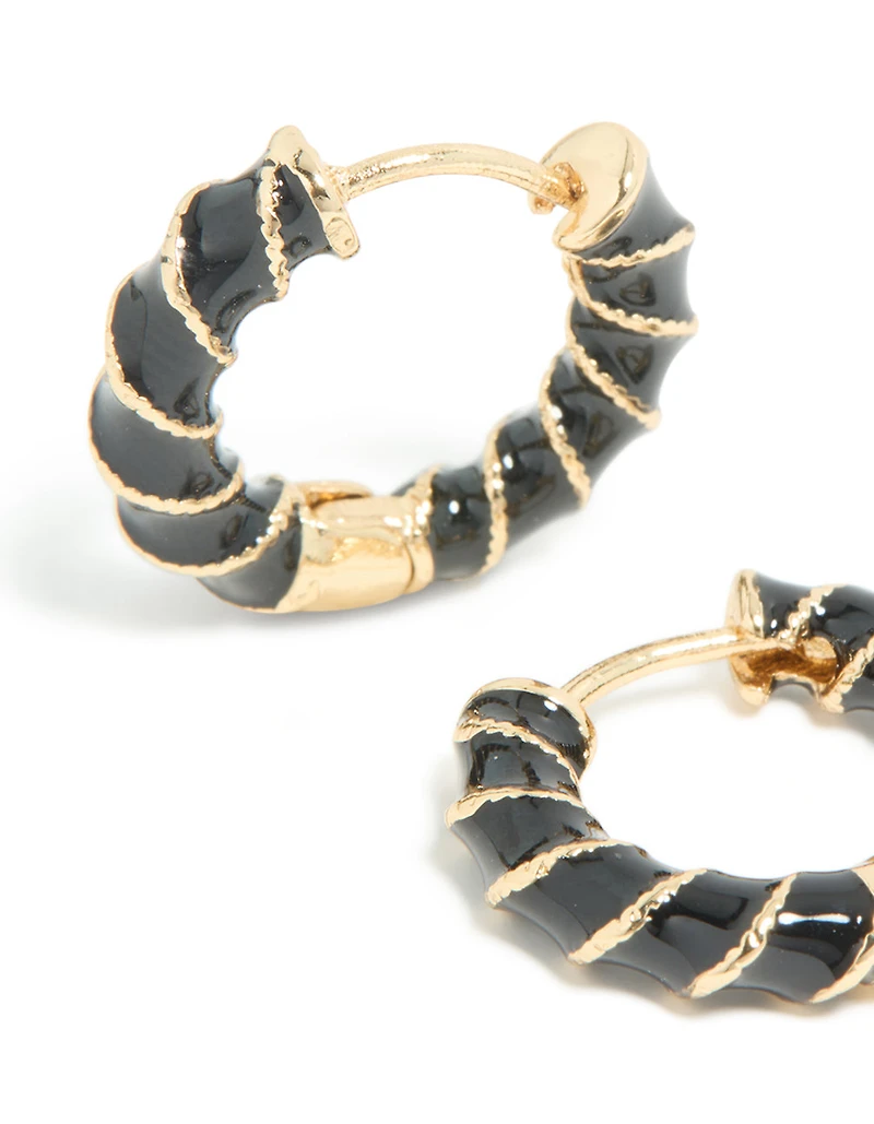 Gold Black Enamel Small Twisted Hoop Earrings